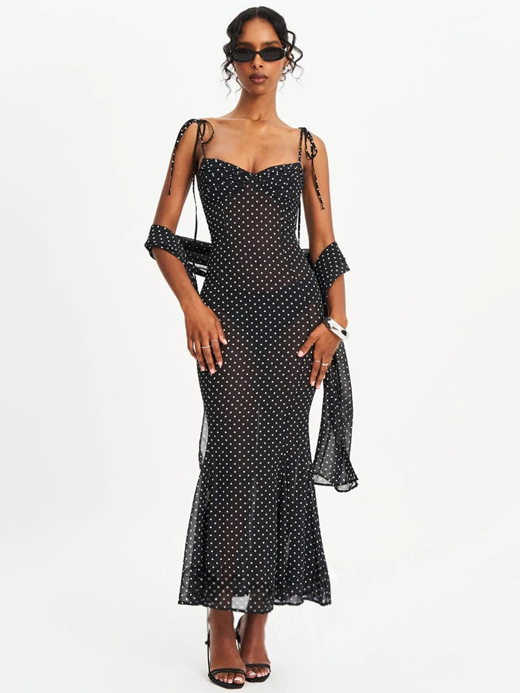 Polka Dot Backless Sexy Maxi Dress Women Elegant Sweetheart Neck Spaghetti Strap Sleeveless Bodycon Club Party Dresses
