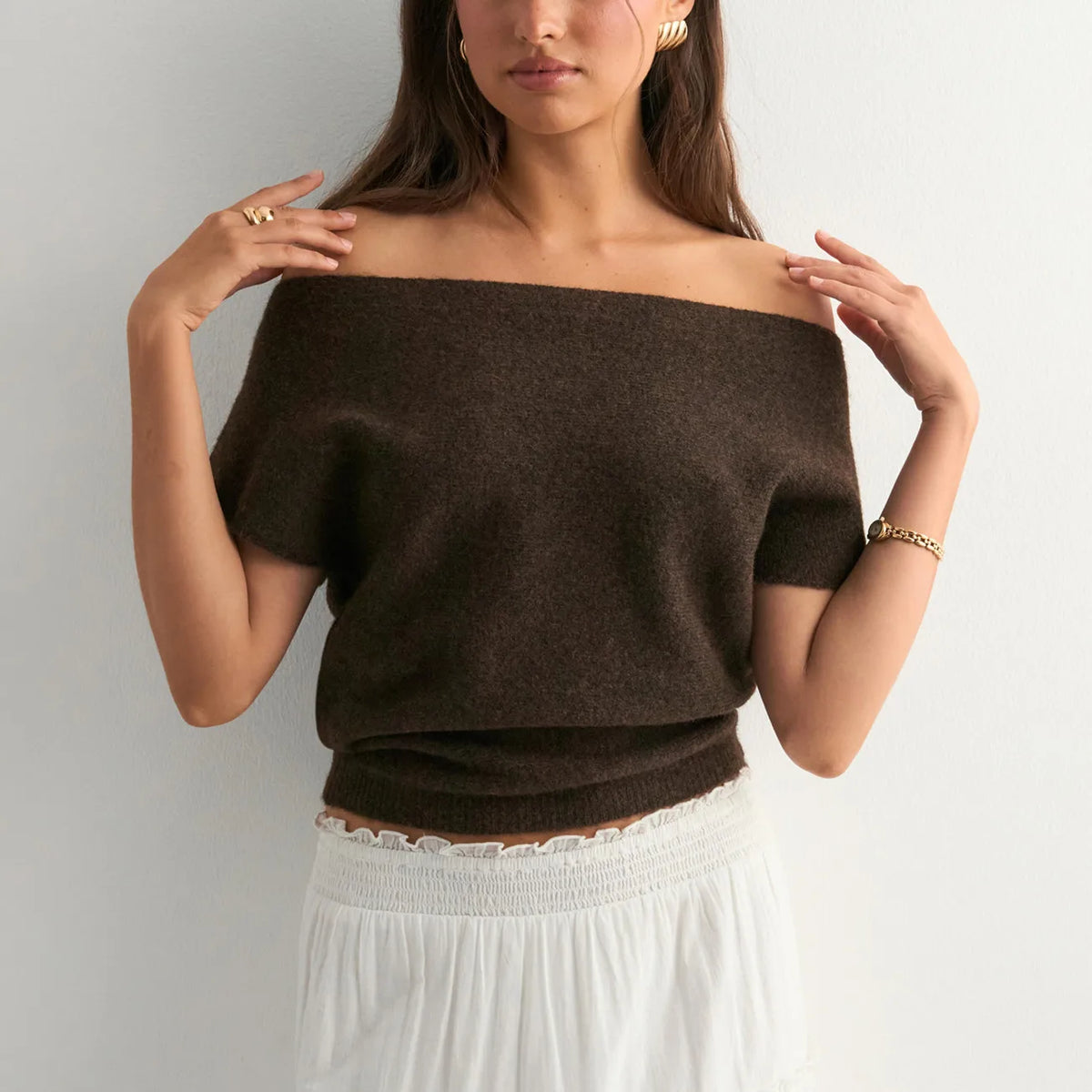 Off Shoulder Short Sleeve Knit T-Shirt Women Casual Loose Elegant Female Solid Sexy Knit Pullover Top Tees Outerwear