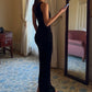 Women Black Velvet Sexy Maxi Dress Sleeveless Deep U Neck Ruched Waist Back Split Bodycon Long Evening Party Dress