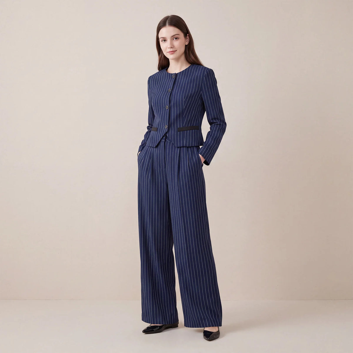 Women Pinstripe 2 Piece Outfit Round Neck Cropped Blazer High Waist Wide Leg Pants Elegant Business Office Matching Set