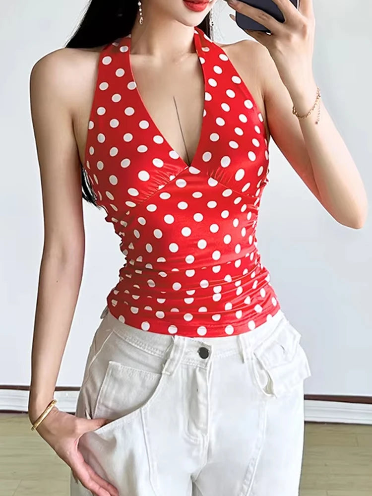 Polka Dot Print Vest Women Y2K Halter Backless Lace-Up v-Neck Skinny Summer Trend Daily  Street Basic Chic Tank Tops