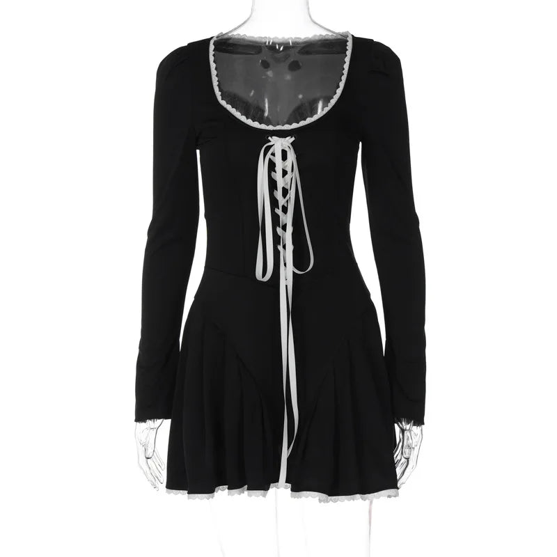 Lace Bandage Puff Sleeve Mini Dress For Women 2023 Autumn Winter New Square Collar Ruched Dress Vintage Elegant