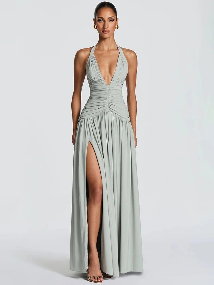 Halter Deep V Neck Sexy Maxi Dress Women Elegant Off-shoulder Sleeveless High Split Pleated Club Party Long Dress