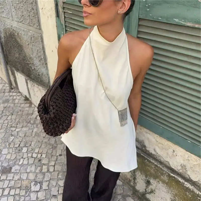 Women Backless Halter Crop Top Solid Color Satin Slip Tank Top Casual Office Ladies Off Shoulder Evening Party Vests