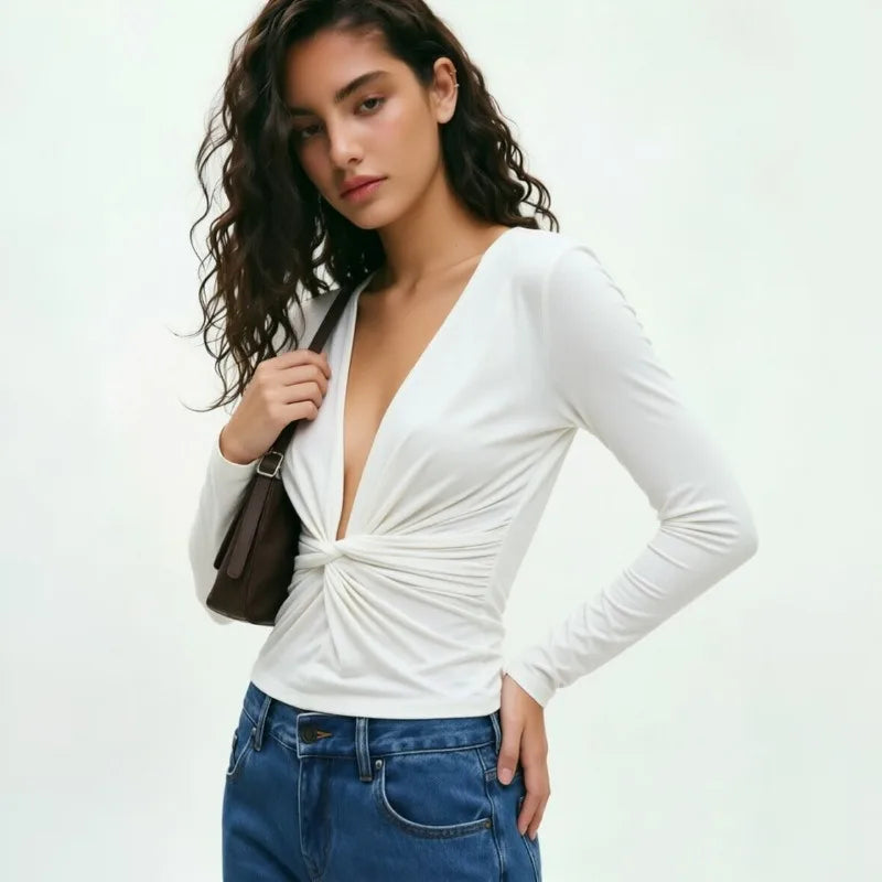 Twist-front Deep V Neck Long Sleeve Backless Top Brown White Black Slim Fitted T Shirt for Woman Fall Clothes