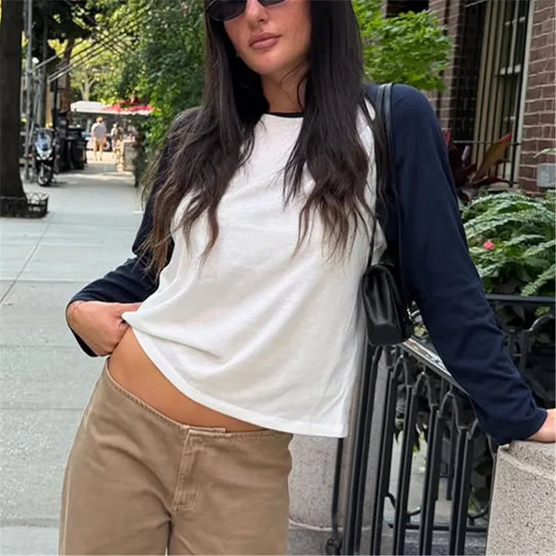 Womens Round Neck Raglan Long Sleeve Tee Color Block Contrast Patchwork Loose Casual Basic Tshirt Streetwear Daily Top