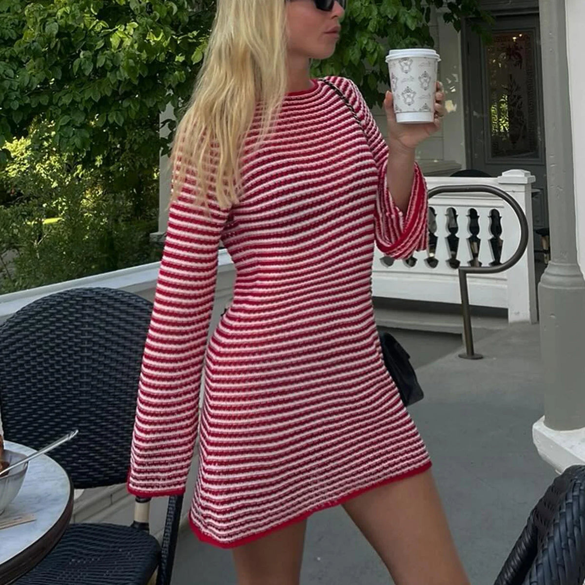 Striped Knit Mini Dress For Women Autumn Winter New O Neck Long Sleeve Contrast Color High Waist Beach Sexy Dress