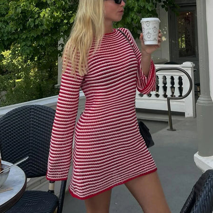 Striped Knit Mini Dress For Women Autumn Winter New O Neck Long Sleeve Contrast Color High Waist Beach Sexy Dress