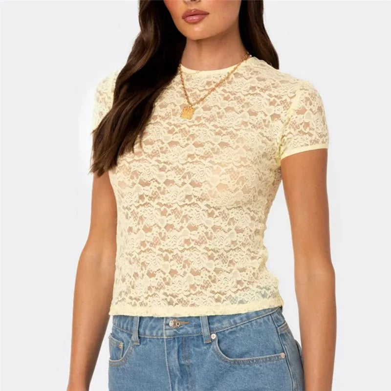 Women Sheer Floral Lace Crop Top Short Sleeve Round Neck Slim Fit See Through Blouse Summer Casual Streetwear Y2K Outfit
