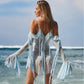 Beach Cover Up See-through Mesh Dress Sexy Vacation Outfits for Women Flare Sleeve Cold Shoulder Mini Dresses