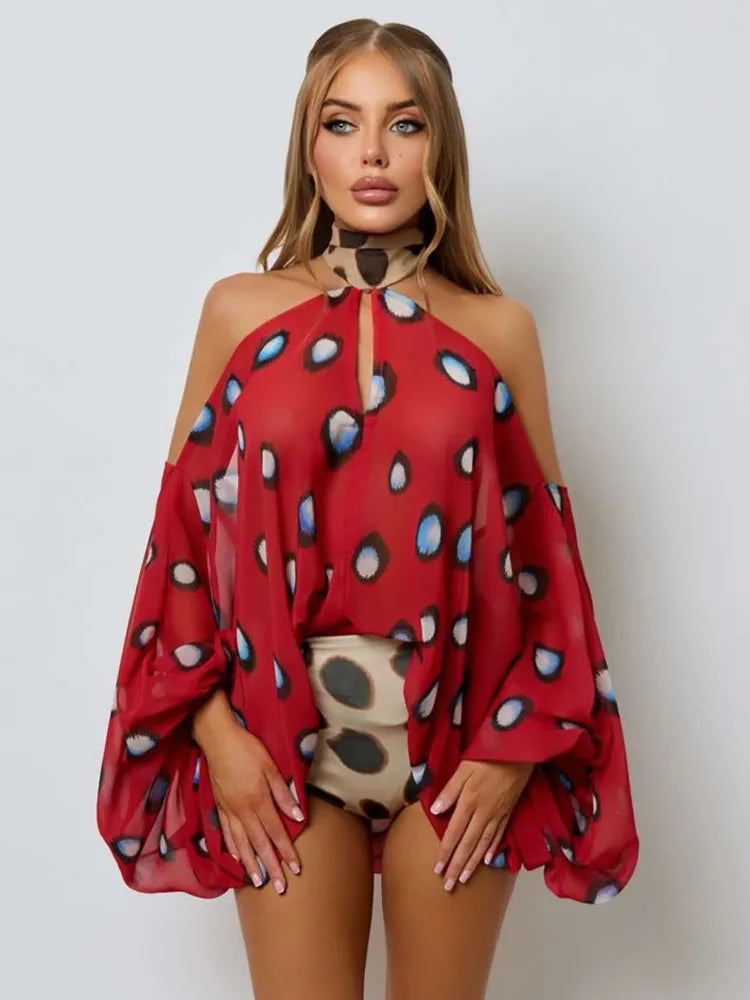 Women Halter Off Shoulder Sexy Bodysuit 2 Piece Outfit Leopard Print Sheer Blouse Shorts Set Clubwear Matching Sets