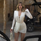 White 2 Piece Set Deep V Long Sleeve Bodysuit Top and Asymmetric Draped Skirt Sexy Fall Outfits Woman 2026