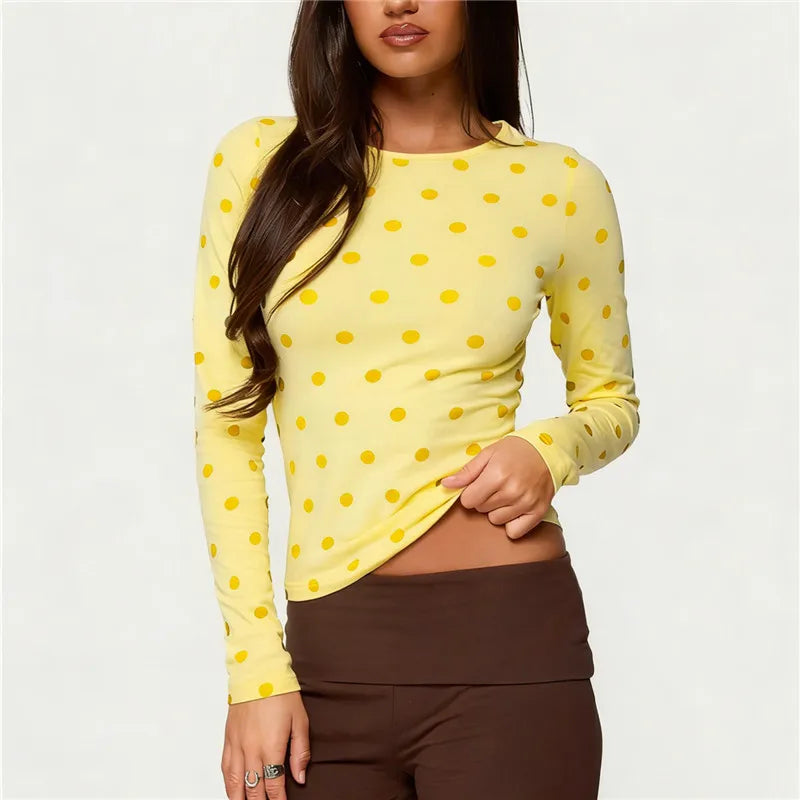 Y2K Coquette Polka Dot Long Sleeve Crew Neck Slim Fitted T-Shirt Crop Top Women Casual Bodycon Spring Fall Streetwear