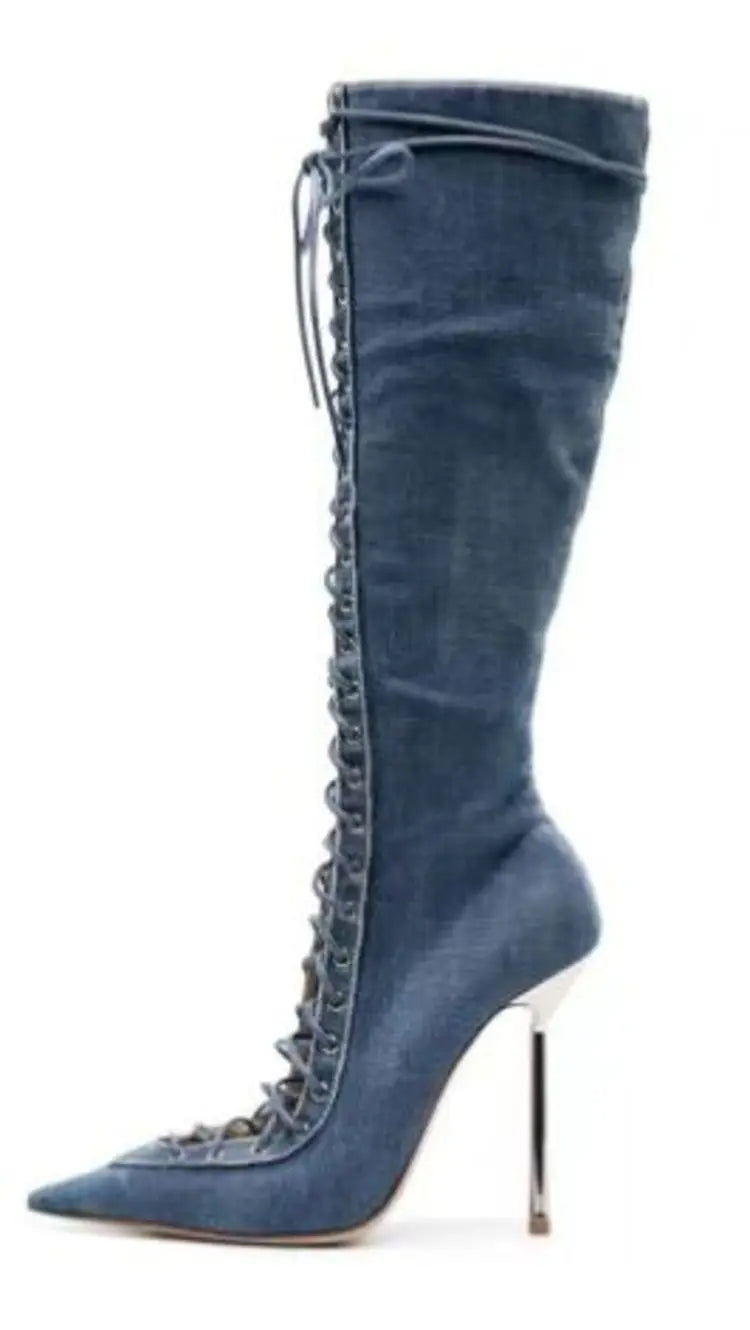 2026Spring/Summer New Lace Up Short Cool Boots Side Zipper Banquet Slimming High Heels Sexy Knee Length Women's Boots
