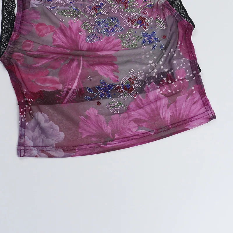 Flower Rhinestone Mesh Backless Tank Top Sexy Club Wear Sleeveless Crop Top Summer Woman Clothes
