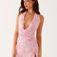 Sequins Print Sexy Mini Dress Women Pink Fashion Halter Deep V Neck Sleeveless Backless Lace-up Sparkle Club Dress