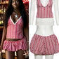 Sexy 2-Piece Set Women Striped Print Bandage Halter Patchwork Lace Backless Tank Tops+Puffy Shorts Matching Clubwear