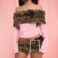 Y2K Fashion Fall Outfits Woman 2 Piece Sets Leopard Faux Fur Collar Off Shoulder Long Sleeve Top Mini Skirt
