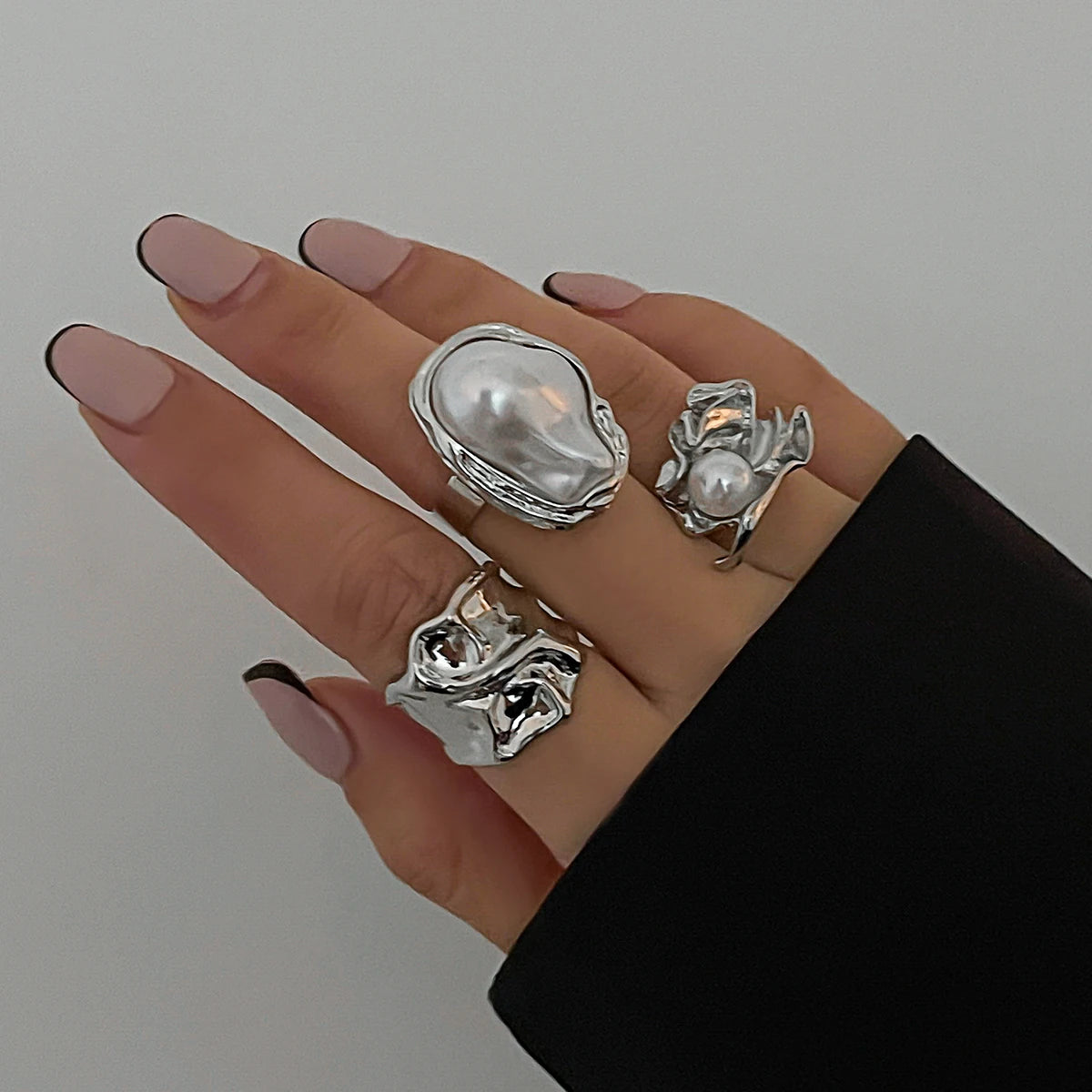 3Pcs/Set Vintage Irregular Imitation Pearl Rings for Women Wed Bridal Elegant Adjustable Rings Engagement Party Jewelry