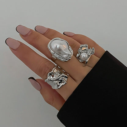 3Pcs/Set Vintage Irregular Imitation Pearl Rings for Women Wed Bridal Elegant Adjustable Rings Engagement Party Jewelry