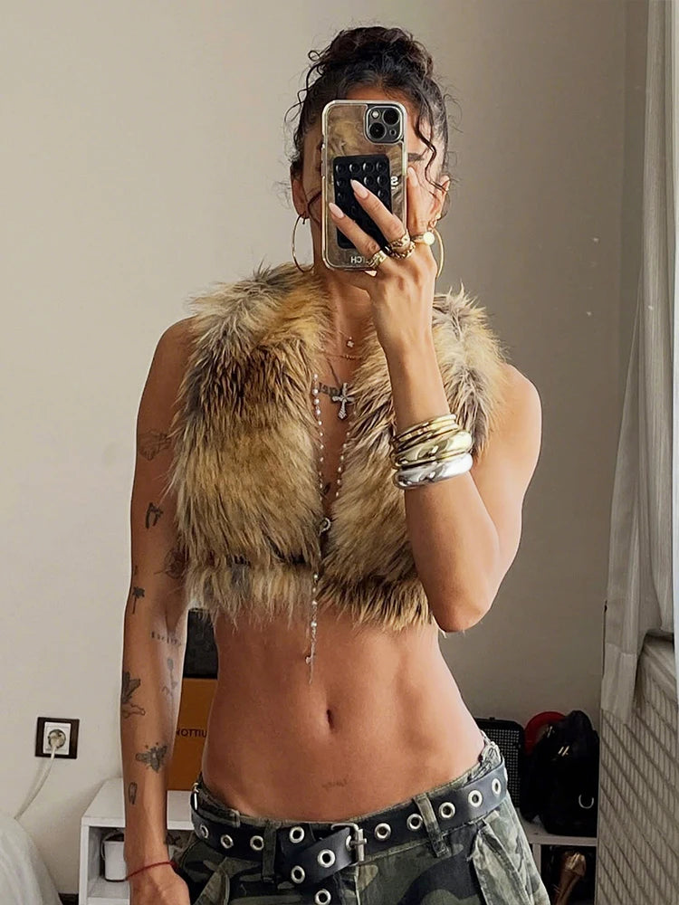 Sexy Furry Tank Top Women Halter Backless Leopard Simple Wild Gothic Punk Slim Hottie Street Midnight Clubwear Vest