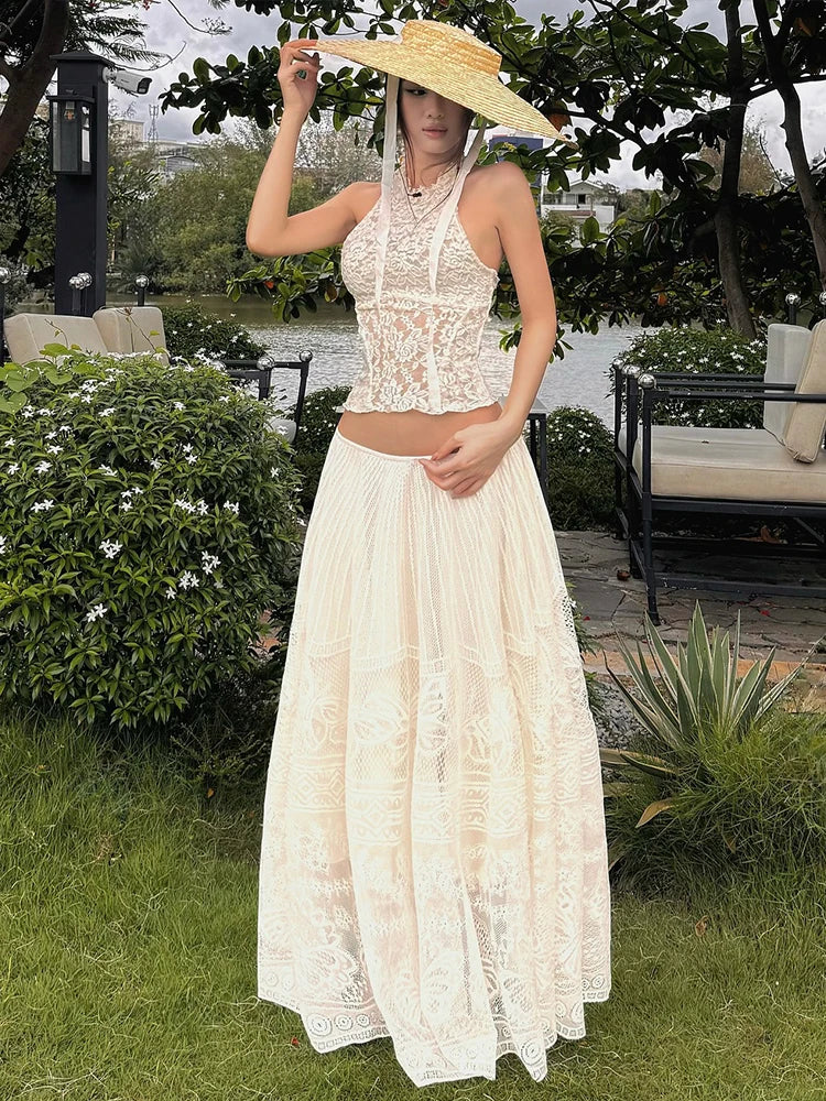 Jacquard Elegant 2-Piece Set Women Skinny Sexy Tank Tops+Drapes Long Skirts Banquet Vacation Matching Clubwear Suit