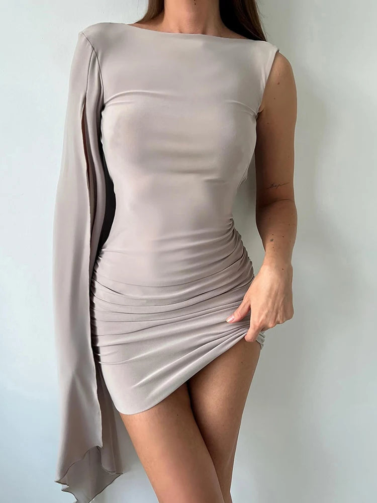 Sexy Backless Dress Women Irregular Cloak Sleeve Ruched Elegant Simple Street Stretch Skinny Peach Hip Mini Bodycon