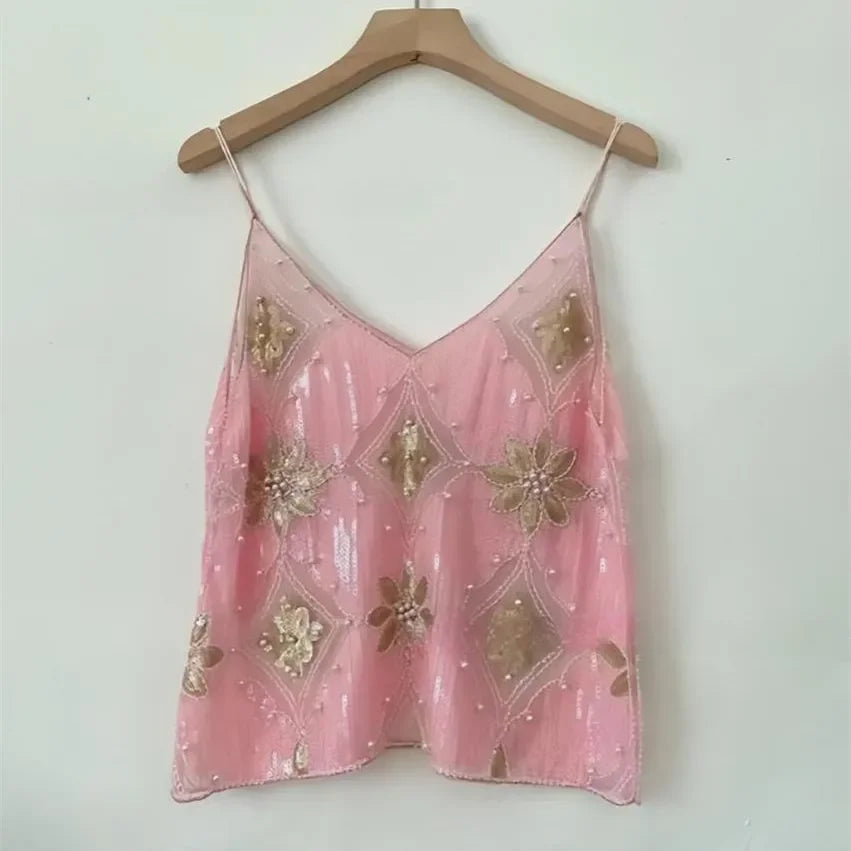 Bling Sequined Tanks Tops Women Sexy Beaded Work Mesh Tops Chic Women Sparkly Cami Vest Femme Summer Streetwear
