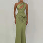 Satin One Shoulder Sexy Maxi Dress Women Elegant Diagonal Collar Cutout Ruched Bodycon Mermaid Long Evening Party Gown