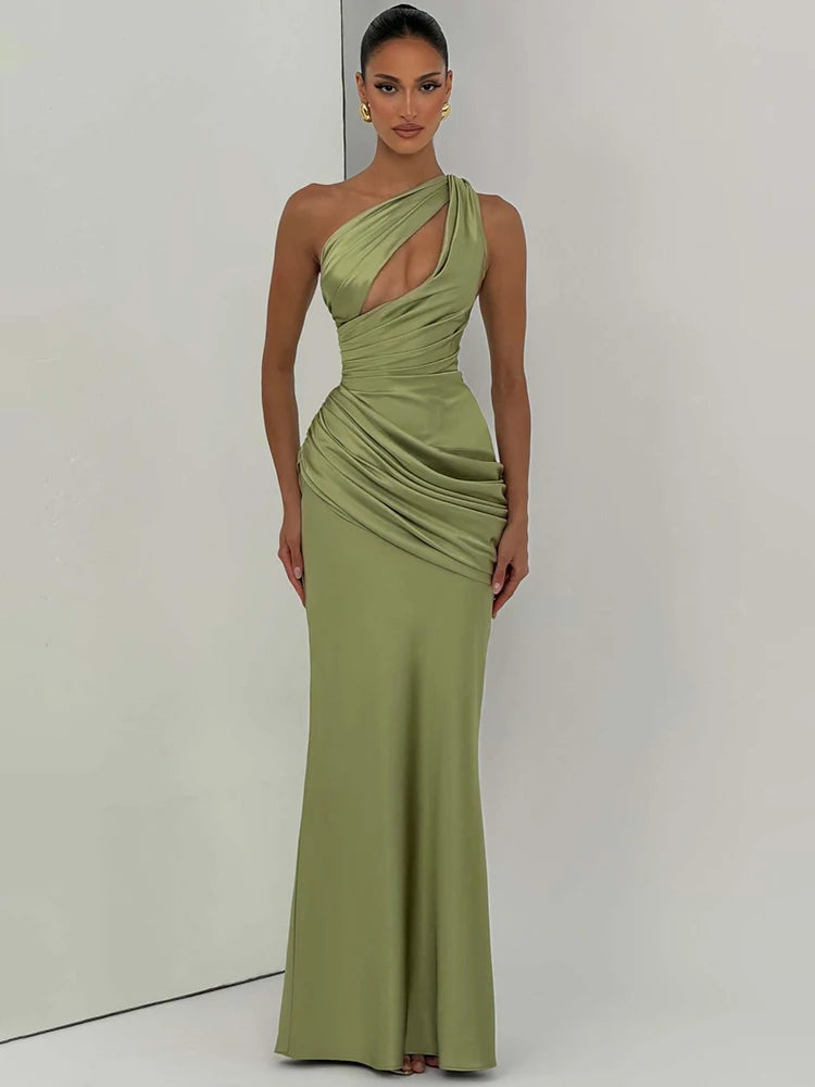 Satin One Shoulder Sexy Maxi Dress Women Elegant Diagonal Collar Cutout Ruched Bodycon Mermaid Long Evening Party Gown