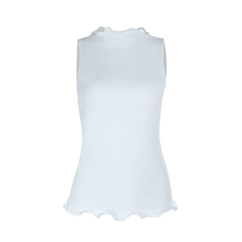 White Ribbed Tank Top with Frill Trim Old Money Style Sleeveless Tops 2026 Summer Clothes for Women