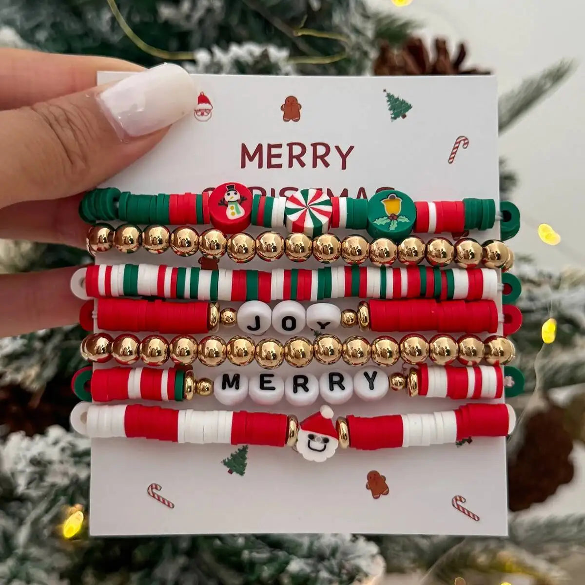 Christmas Series Polymer Clay CCB Beaded Bracelets, Trendy Letter Charms, Jewelry Gift for Women and Men, 7 Pcs Set
