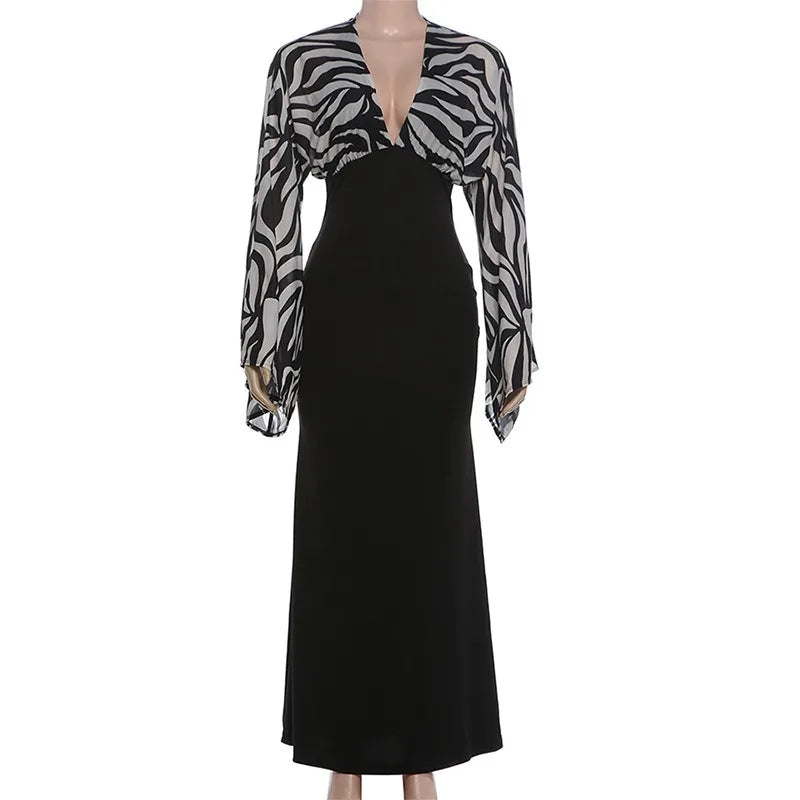 Black and White Zebra-print Flare Sleeve Deep V Neck Maxi Dress Wedding Guest Elegant Evening Dresses 2026