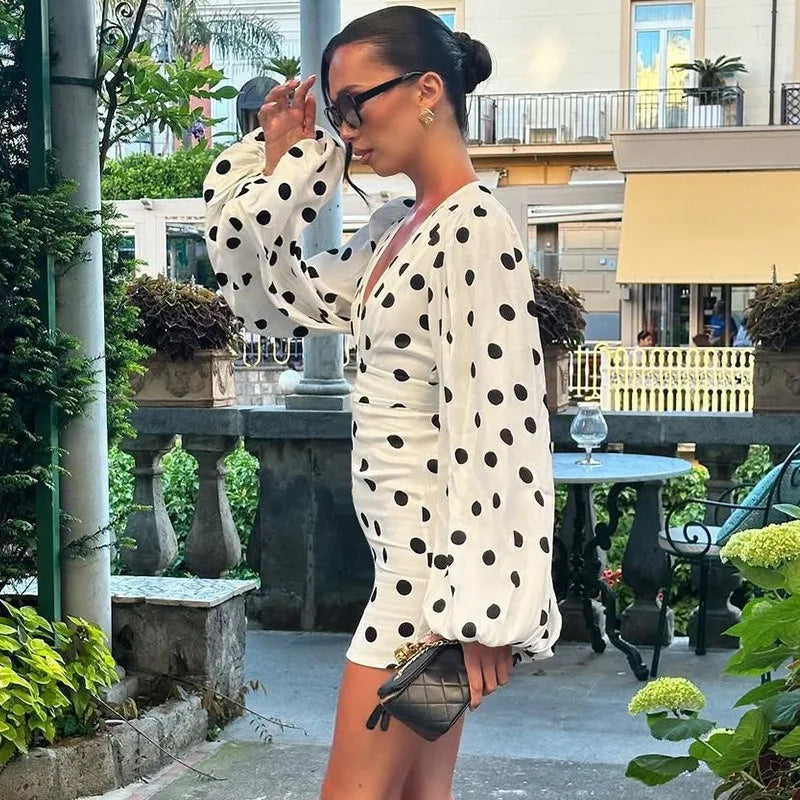 Classic Polka Dot Print White Dress Woman Clothing Sexy Deep V Neck Flare Sleeve Short Dresses Fall