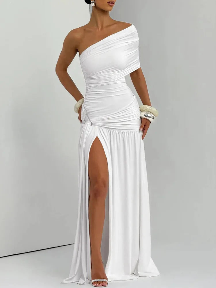 Off-shoulder Backless Sexy Maix Dress Women Elegant One Sleeve Ruched Split Club Party Pleated Long Dress Female
