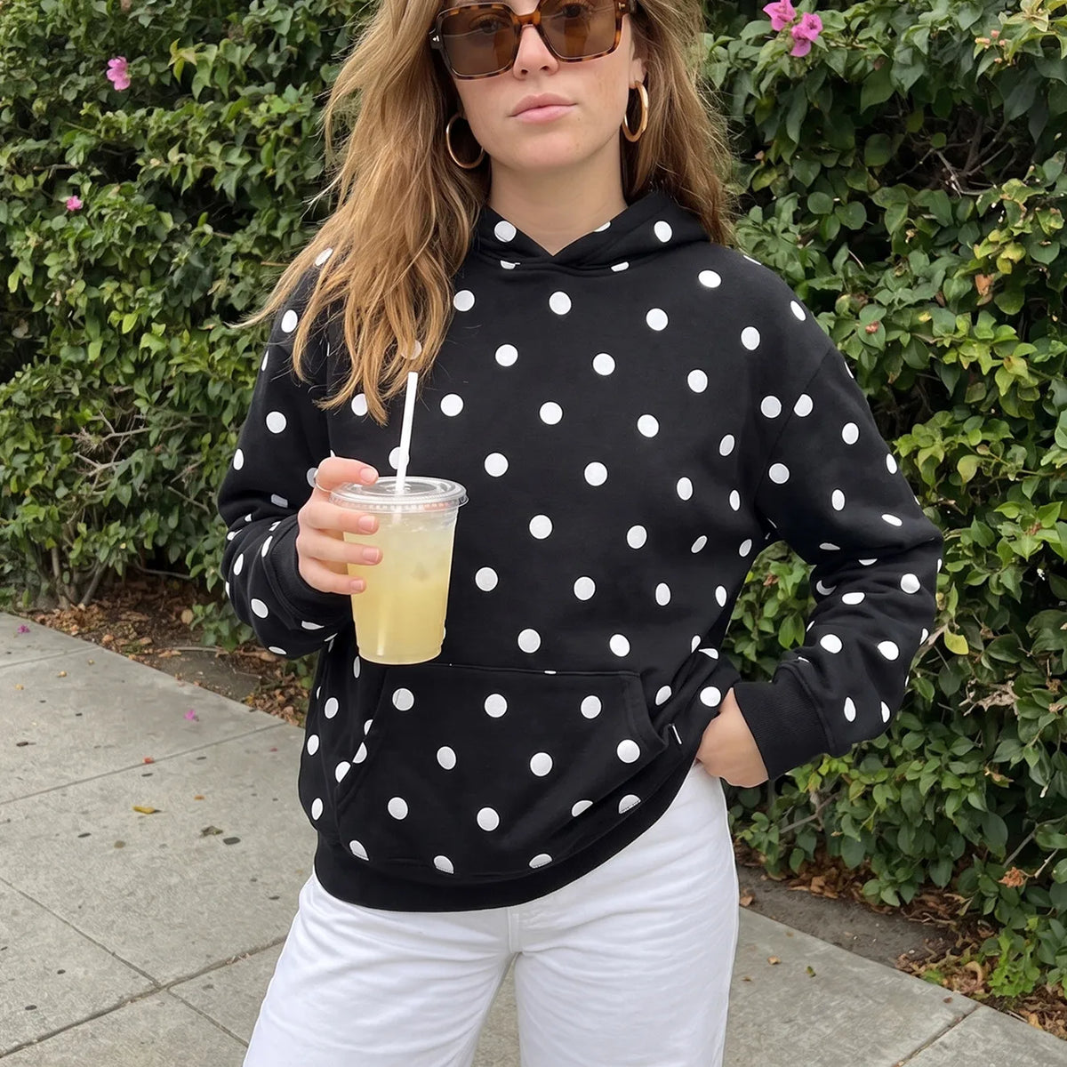 Women Polka Dot Print Oversized Hoodie Long Sleeve Kangaroo Pocket Casual Hooded Sweatshirt Autumn Daily Pullover Tops