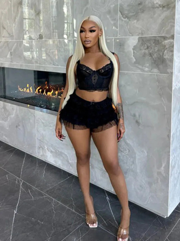 Mesh Patchwork 2 Piece Set Women Low-Neck Sexy Backless Crop Tops+Ruched Tierred Skirts Midnight Club Party Outfits