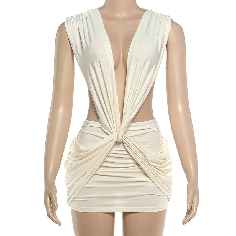 Women Backless Deep V Twist Knot Bodycon Mini Dress Sleeveless Ruched Waist Cutout Slim Party Vacation Tight Dress