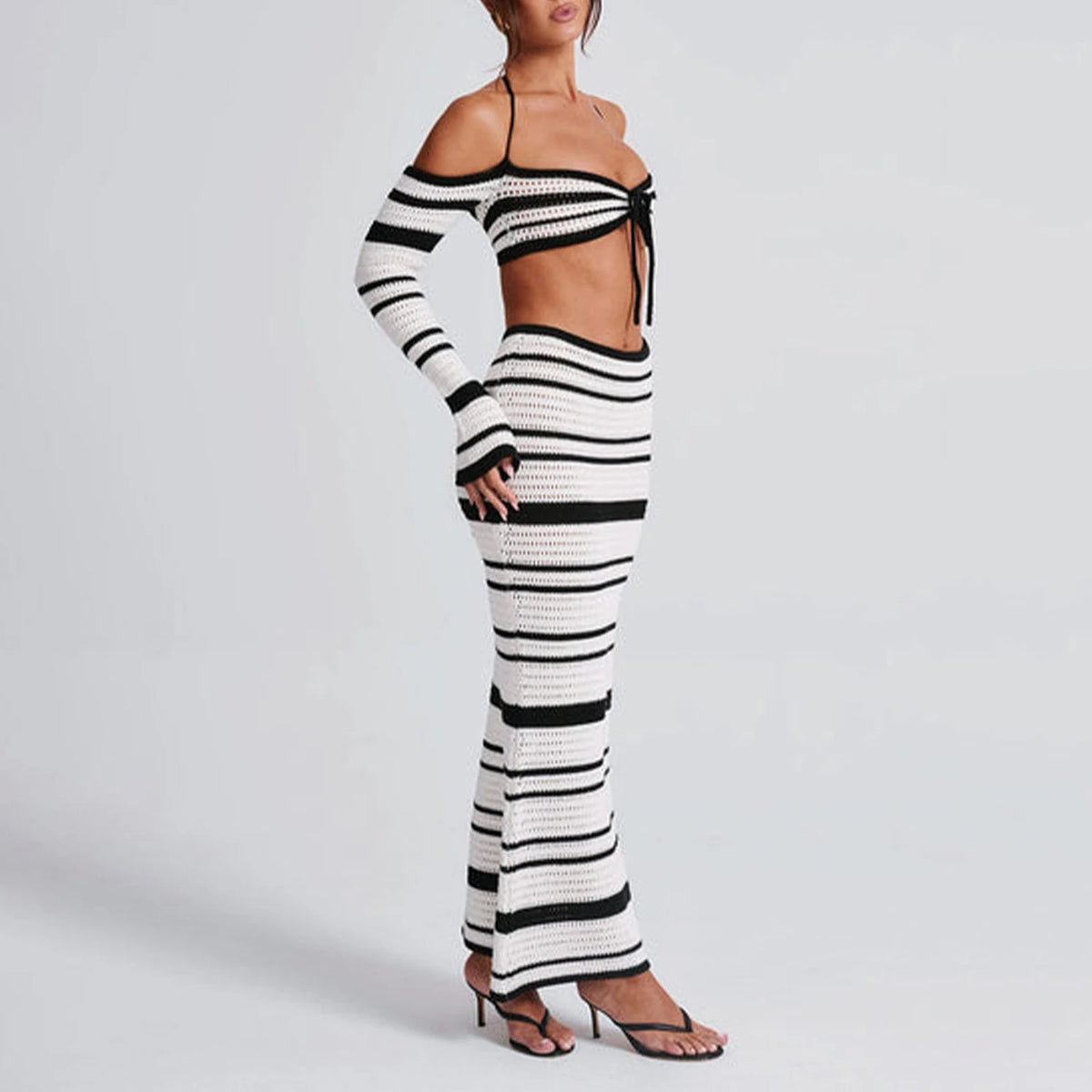 Knit Stripe Women 2 Piece Set Halter Slash Neck Lace Up Long Sleeve Tops and Maxi Skirts Sexy Mujer Club Midnight Suit