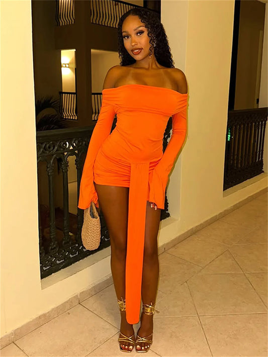 Slash Neck Lace Up Dress Women Elegant Solid Stretchy Long Flare Sleeve Autumn Party Midnight Club Skinny Bodycon