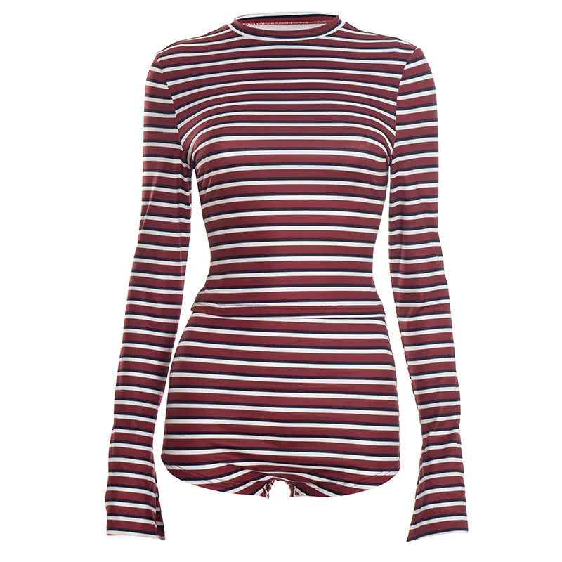 Woman Clothing 2 Pieces Set Striped Outfits for Night Out Long Sleeve Top and Shorts Matching Sets