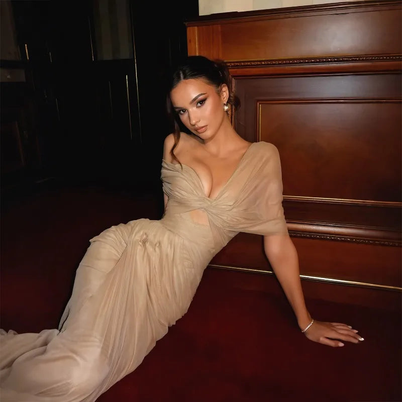 Mesh Sheer One Shoulder Draped Maxi Dress 2026 Woman Summer Elegant Evening Gown Sexy Birthday Dresses
