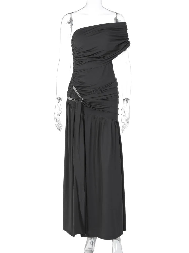 Off-shoulder Backless Sexy Maix Dress Women Elegant One Sleeve Ruched Split Club Party Pleated Long Dress Female