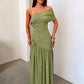 Women One Shoulder Ruched Sexy Maxi Dress Elegant Sleeveless Backless Metal Buckle Waist Draped Club Party Long Dress