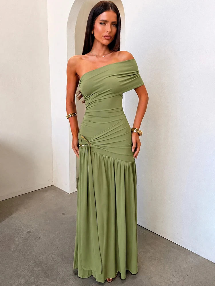 Women One Shoulder Ruched Sexy Maxi Dress Elegant Sleeveless Backless Metal Buckle Waist Draped Club Party Long Dress