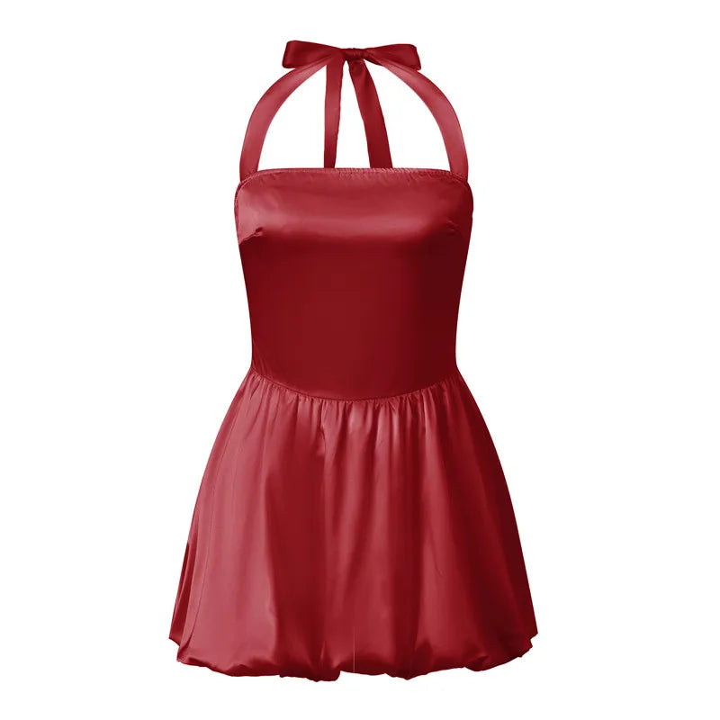 Women's Satin Halter Neck Mini Dress Tie Back Bow Bubble Skirt A-Line Sleeveless Bodycon Party Clubwear Cocktail Dress