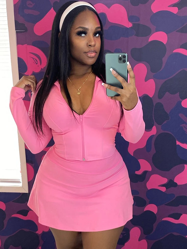 Y2K Solid Style 2 Piece Set Women Zipper Cardigan Full Sleeve Tops+Ruched Mini Skirts Daily Casual Simple Streetwear