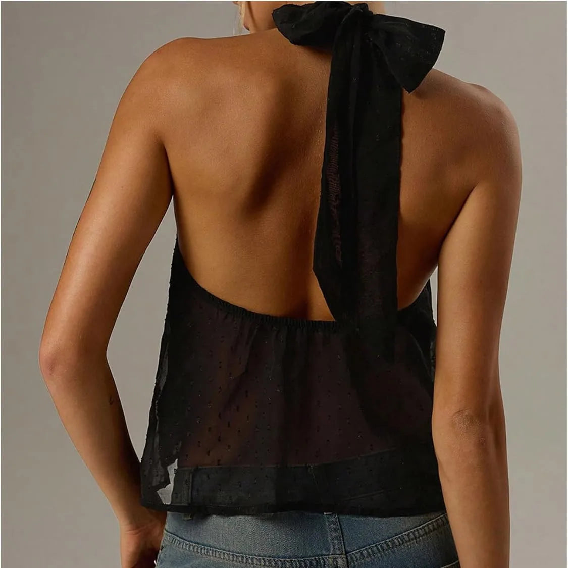 Summer Women Halter Neck Sleeveless Tank Sexy Open Back Tie Knot Backless Top Vest Elegant Swiss Dot Casual Streetwear