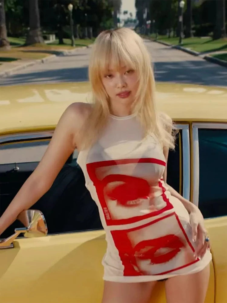 Lip Print Women Long Tops Sexy Y2K Hipster Thin O-neck Sleeveless Wild Basic Stunning Street Club Midnight Party Vest