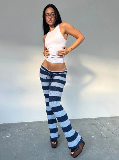 Autumn Trend Long Pants Woman Stripe Patchwork Crochet Shirring Elastic High Waist Skinny Peach Hip Street Style Bottoms